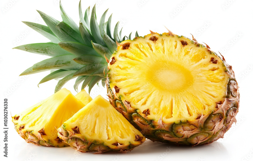 Fresh pineapple with slices showcases vibrant yellow fruit and green leaves, perfect for tropical dishes or refreshing drinks