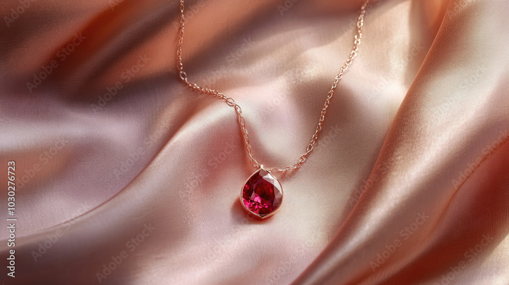A ruby necklace draped elegantly across a silk cloth, with the vibrant gemstone shimmering in soft light, evoking a sense of timeless beauty and sophistication. A ruby necklace draped elegantly across a silk cloth, with the vibrant gemstone shimmering in soft light, evoking a sense of timeless beauty and sophistication.