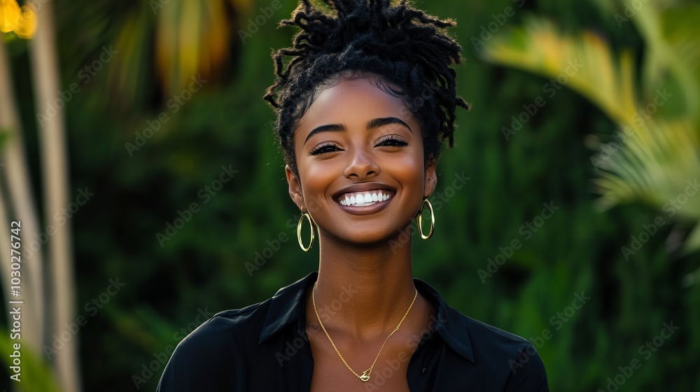 A young woman with a radiant smile, wearing a mustard-colored headband and top, standing outdoors in a lush green setting. Her joyful expression and freckled face reflect natural beauty, positivity A young woman with a radiant smile, wearing a mustard-colored headband and top, standing outdoors in a lush green setting. Her joyful expression and freckled face reflect natural beauty, positivity