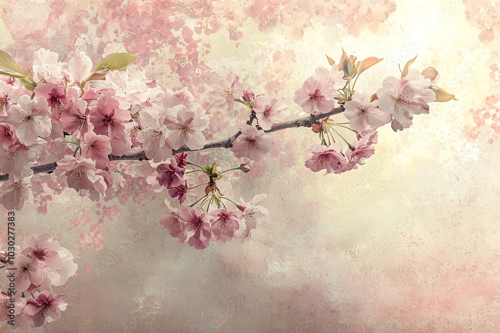 Ethereal cherry blossom branches, soft pink watercolor edge Ethereal cherry blossom branches, soft pink watercolor edge