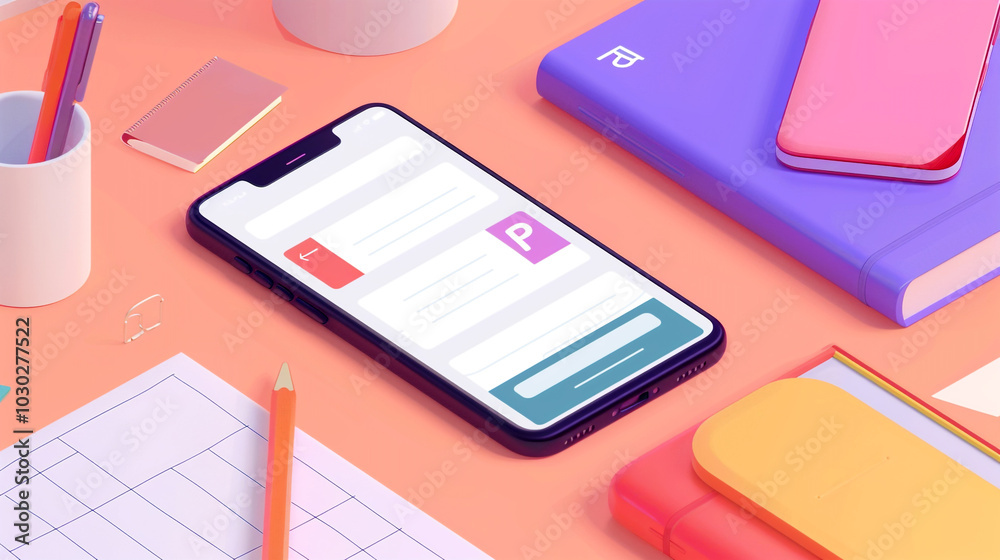 Fototapeta premium An illustration of an educational app on a phone, a cost estimate, mobile app development