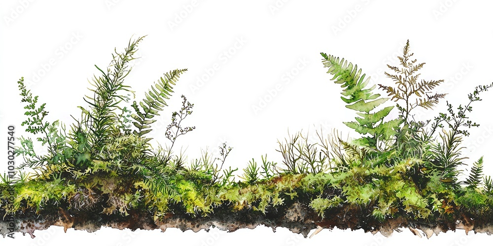 Fototapeta premium Delicate fern fronds and moss watercolor bottom border