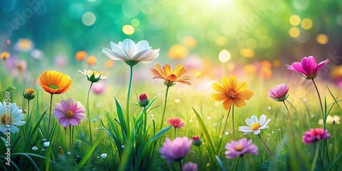 Watercolor texture depicting forced perspective flowers in grass, perfect for botanical backgrounds