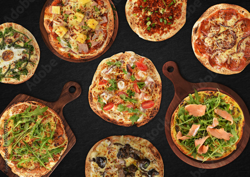 Obraz na płótnie seafood pasta with burger, pizza, salad, breakfast, chicken, curry fish top view group set on white marble table western spaghetti cuisine halal food hotel luxury cafe menu cover design w salonie