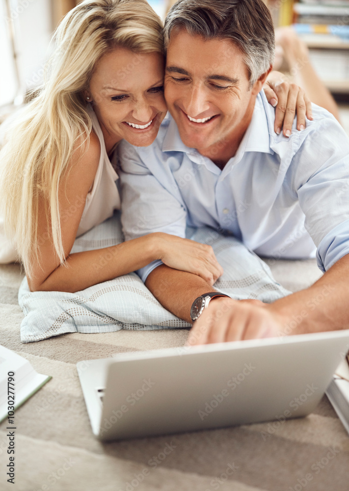 Laptop, smile and mature couple in house planning vacation with online budget together. Relax, computer and man and woman booking hotel, plant ticket or accommodation for holiday or weekend trip. Laptop, smile and mature couple in house planning vacation with online budget together. Relax, computer and man and woman booking hotel, plant ticket or accommodation for holiday or weekend trip.