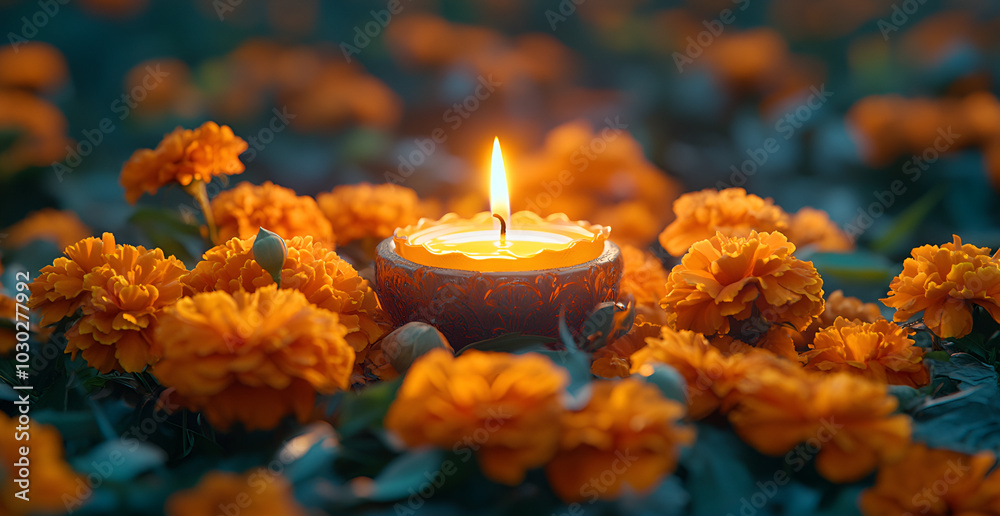 a candle in a cup surrounded by orange flowers
a candle in a cup surrounded by orange flowers