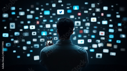 A person standing in front of a screen filled with various social media icons, holding a smartphone while being surrounded by digital content, representing the overwhelming amount of online info