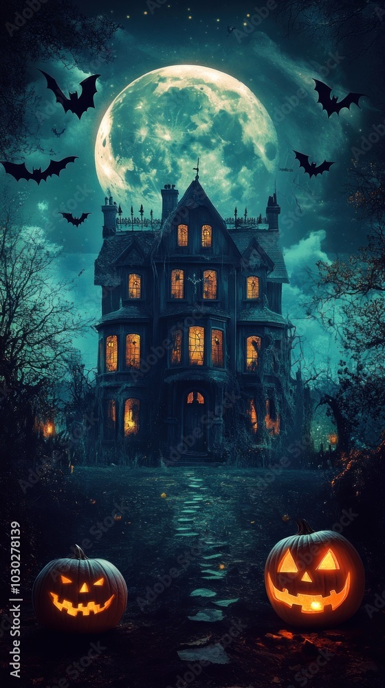 Halloween background moon pumpkins haunted. Halloween background moon pumpkins haunted.