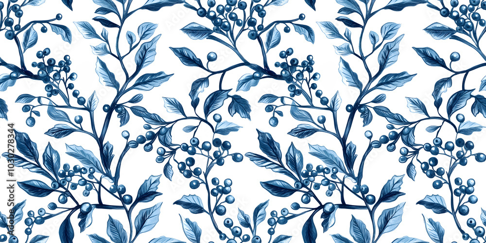 Seamless pattern with blue holly mistletoe on a white background Seamless pattern with blue holly mistletoe on a white background