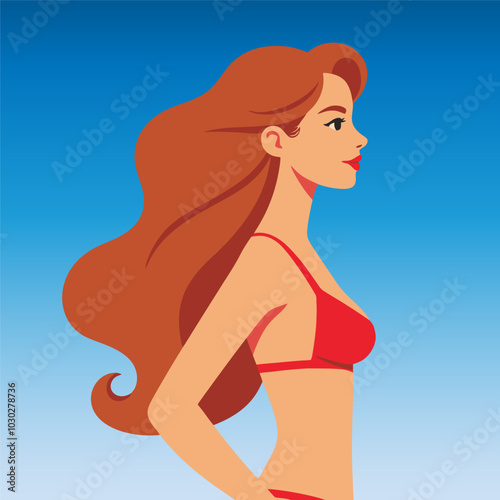 Fashion illustration of a confident woman with flowing hair wearing a red bikini top against a blue sky background.