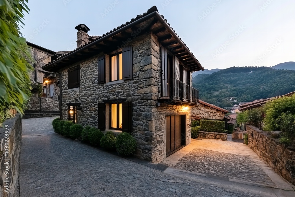 A charming stone house with warm-lit windows, nestled in a peaceful hillside village, surrounded by nature and greenery, offering a scenic view of the mountains A charming stone house with warm-lit windows, nestled in a peaceful hillside village, surrounded by nature and greenery, offering a scenic view of the mountains