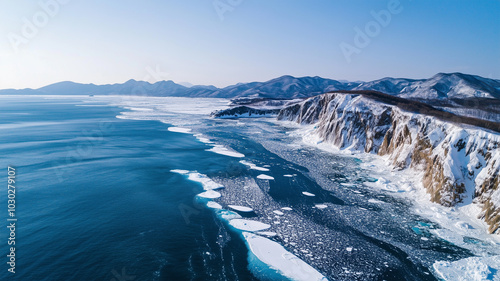 知床半島を覆う流氷の空撮 photo