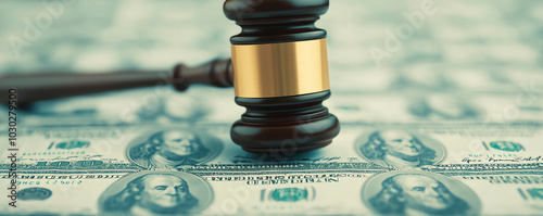 A global financial system represented by currency symbols and legal documents, with a judge's gavel overseeing the world