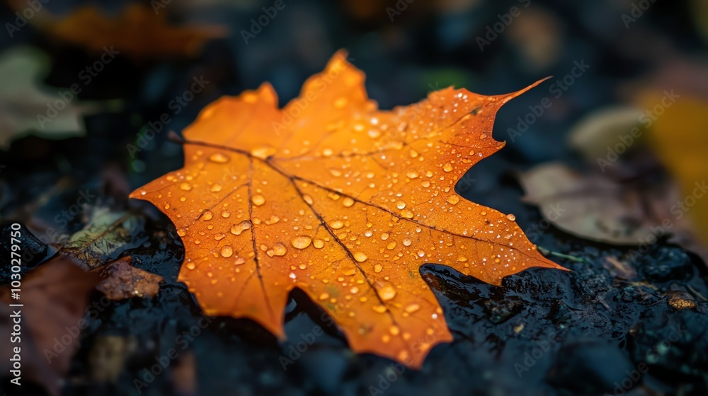An orange leaf covered in raindrops sits on a bed of dark rocks and leaves. An orange leaf covered in raindrops sits on a bed of dark rocks and leaves.