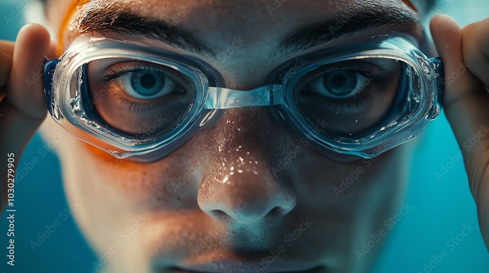 A swimmer's face with water droplets. A swimmer's face with water droplets.