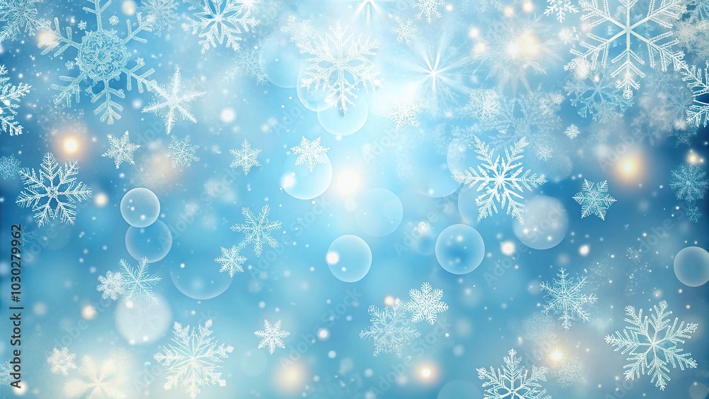 Winter Christmas background with falling snowflakes and bokeh lights spots on a pastel blue background close-up Winter Christmas background with falling snowflakes and bokeh lights spots on a pastel blue background close-up