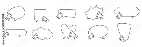 Set of speech bubble line with megaphones in various shapes and styles, ideal for announcements, communication, or marketing designs. Simple, flat style on a white background.