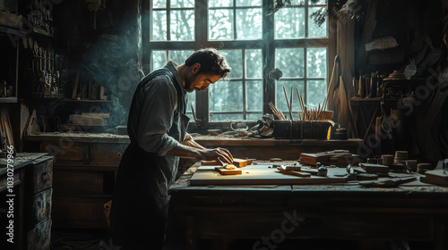 Man Standing in a Workshop, Contemplating His Woodworking Craft 