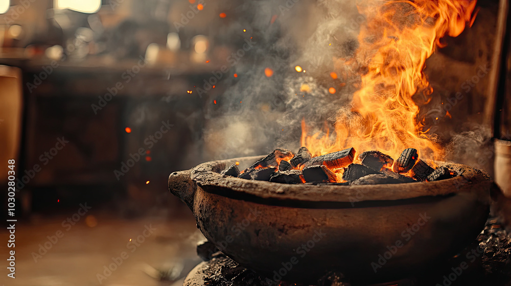 A rustic cooking scene with natural wood charcoal burning in a clay oven, the glowing embers and smoke creating an authentic atmosphere for traditional cuisine. A rustic cooking scene with natural wood charcoal burning in a clay oven, the glowing embers and smoke creating an authentic atmosphere for traditional cuisine.