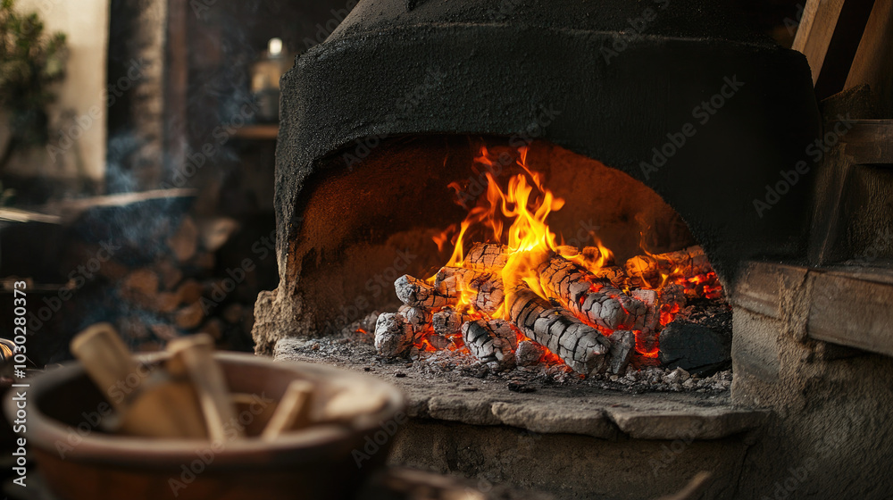 A rustic cooking scene with natural wood charcoal burning in a clay oven, the glowing embers and smoke creating an authentic atmosphere for traditional cuisine.