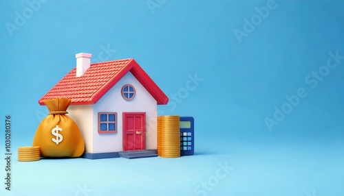 A small model house sits alongside a money bag, coins, and a calculator, symbolizing financial planning and homeownership.