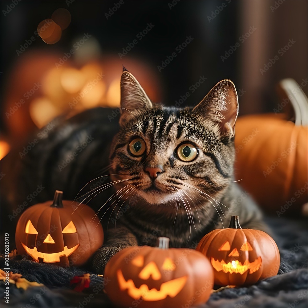 A cute Halloween cat sitting on a pumpkin, featuring a playful black and white kitten with bright green eyes, surrounded by autumn colors A cute Halloween cat sitting on a pumpkin, featuring a playful black and white kitten with bright green eyes, surrounded by autumn colors