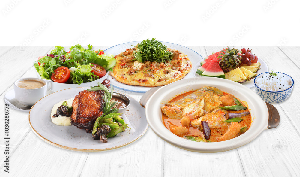 seafood pasta with burger, pizza, salad, breakfast, chicken, curry fish top view group set on white marble table western spaghetti cuisine halal food hotel luxury cafe menu cover design seafood pasta with burger, pizza, salad, breakfast, chicken, curry fish top view group set on white marble table western spaghetti cuisine halal food hotel luxury cafe menu cover design