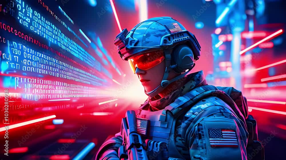 A soldier in futuristic armor with an American flag on his helmet, standing in front of a glowing digital screen. A soldier in futuristic armor with an American flag on his helmet, standing in front of a glowing digital screen.