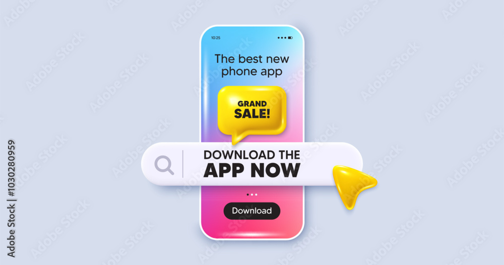 Obraz premium Grand sale tag. Phone mockup screen. Download the app now. Special offer price sign. Advertising discounts symbol. Phone download app search bar. Grand sale text message. Vector