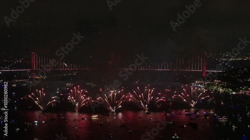 100th Anniversary Celebrations of the Republic of Türkiye Fireworks Show Drone Video, 15 July Martyrs Bridge Uskudar Istanbul, Turkiye (Turkey) photo