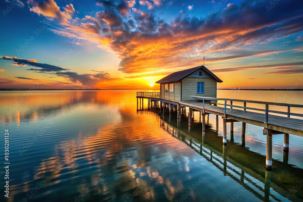 Low angle view of pier with waterfront house during sunset Low angle view of pier with waterfront house during sunset