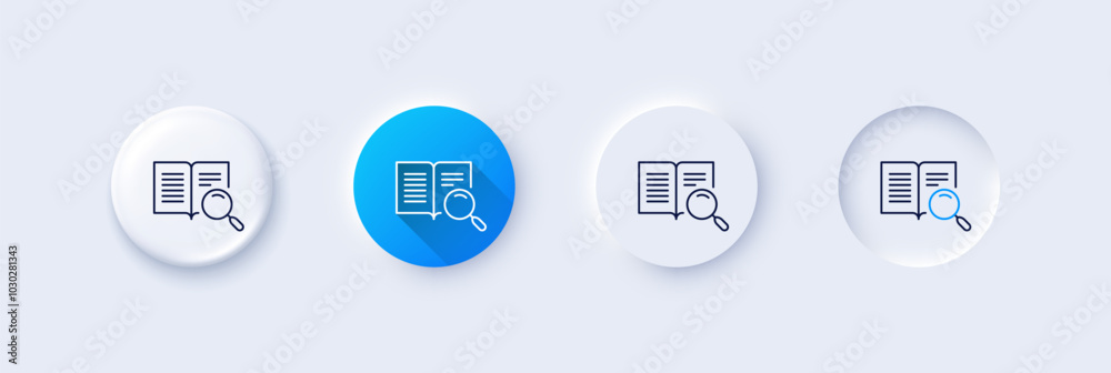 Search text line icon. Neumorphic, Blue gradient, 3d pin buttons. Find word sign. Open book symbol. Line icons. Neumorphic buttons with outline signs. Vector Search text line icon. Neumorphic, Blue gradient, 3d pin buttons. Find word sign. Open book symbol. Line icons. Neumorphic buttons with outline signs. Vector