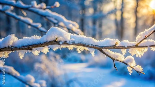 Winter landscape with snowcovered twig on freezing branch