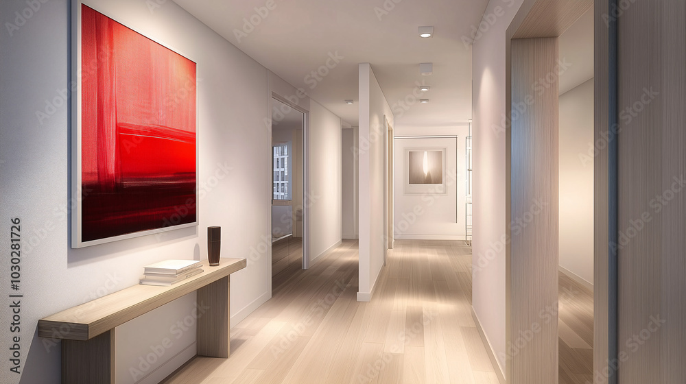 Minimalist hallway design with abstract geometric artwork, soft white walls, and a thin console table made from light wood