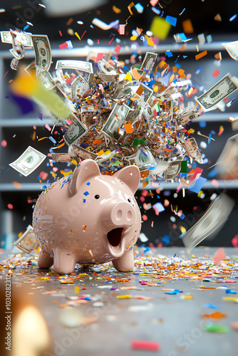 Celebration with piggy bank and cash explosion