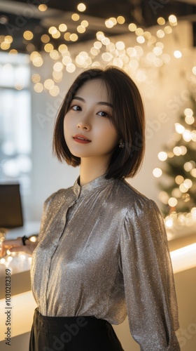 Half body shot of a Chinese woman with a short bob haircut, wearing a silver blouse, pointing to the right, standing near an office reception desk decorated with holiday lights, copy space 