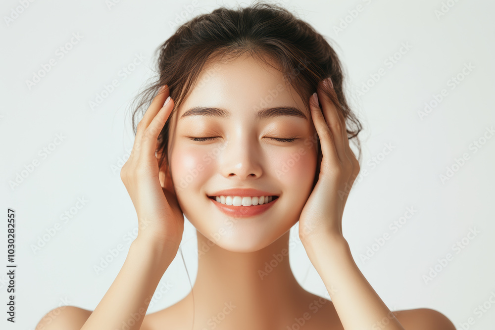 young woman smiles gently while touching her temples, exuding sense of calm and beauty. Her skin appears flawless, showcasing natural glow in cosmetics photoshoot on white background young woman smiles gently while touching her temples, exuding sense of calm and beauty. Her skin appears flawless, showcasing natural glow in cosmetics photoshoot on white background