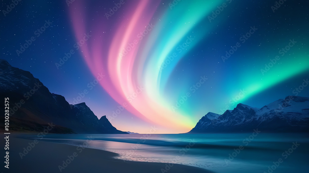 Fototapeta premium Green and pink auroras swirling in a summer sky, casting colorful light over a seasonal beach at night