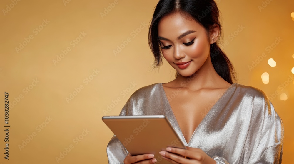 Half body shot of a Filipino woman in a silver satin blouse, holding a tablet with a Christmas sale banner, with a warm golden studio backdrop, online shopping, holiday promotions, festive e-commerce Half body shot of a Filipino woman in a silver satin blouse, holding a tablet with a Christmas sale banner, with a warm golden studio backdrop, online shopping, holiday promotions, festive e-commerce
