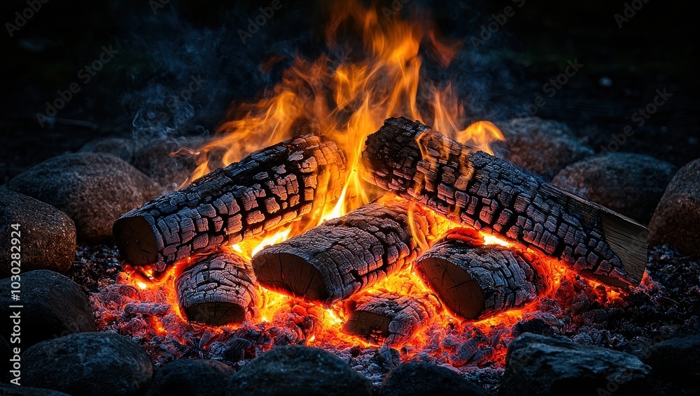 Fototapeta premium Close up of a campfire with burning logs and glowing embers, creating a warm and inviting atmosphere.