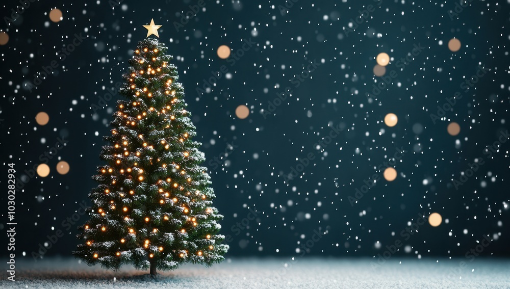 Classic Christmas tree with lights and star on top, with falling snow and bokeh lights effect. Christmas card, holiday background Classic Christmas tree with lights and star on top, with falling snow and bokeh lights effect. Christmas card, holiday background