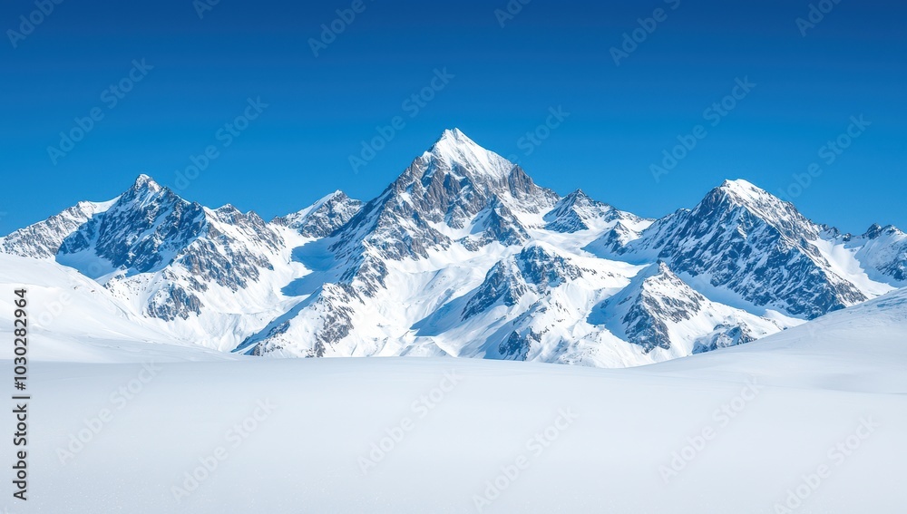 Snowy mountain peaks under a blue sky. Winter landscape in the Alps. Snowy mountain peaks under a blue sky. Winter landscape in the Alps.