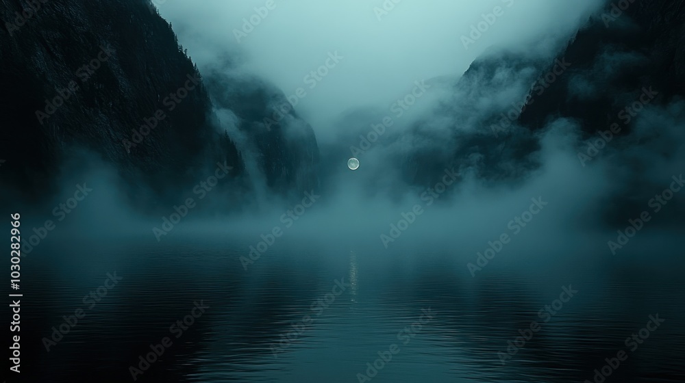 Naklejka premium Misty mountains reflect a serene moonlit lake at twilight.