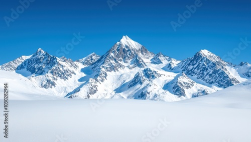 Snowy mountain peaks under a blue sky. Winter landscape in the Alps.