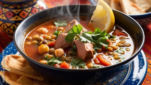 Moroccan Harira Soup, Traditional Moroccan Meal, Hearty Moroccan Soup, Lentil Chickpea Soup