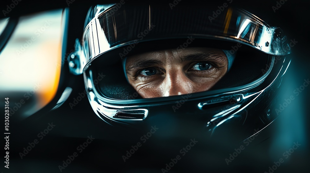 A race car driver looks intensely out from behind his helmet visor. A race car driver looks intensely out from behind his helmet visor.
