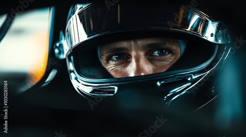 A race car driver looks intensely out from behind his helmet visor.