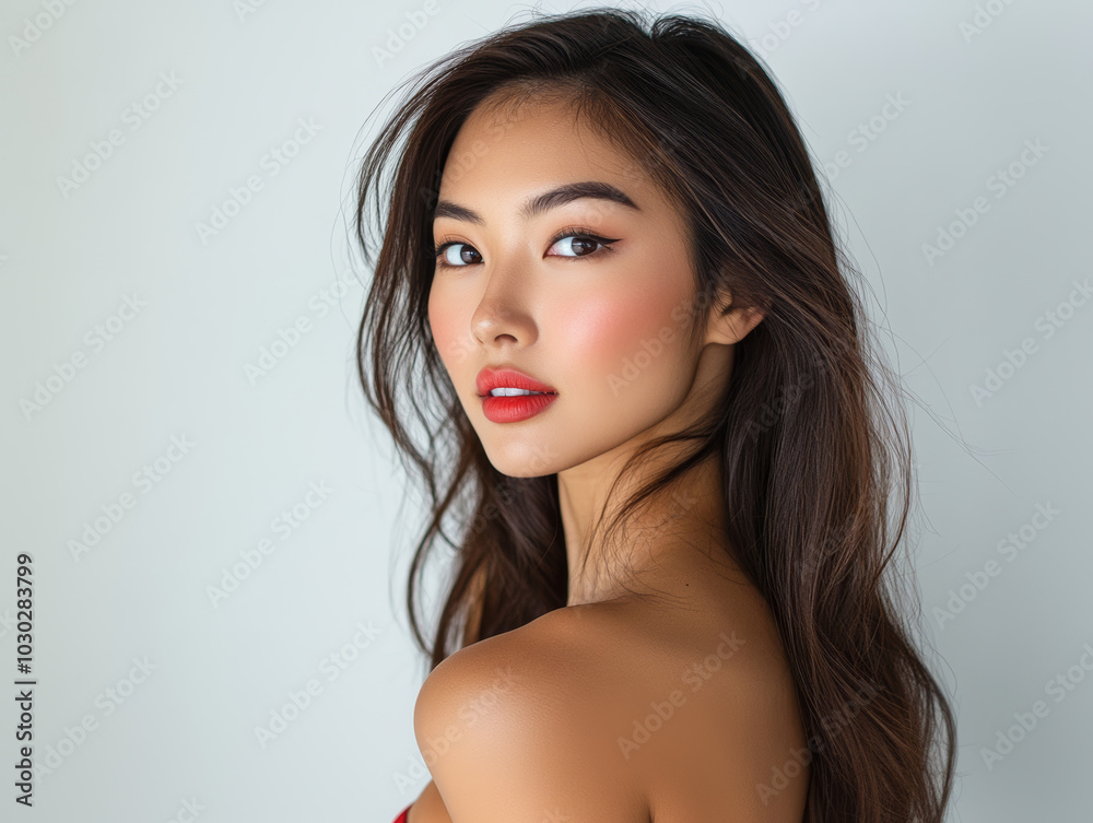 Fototapeta premium stunning model showcases her beauty with captivating gaze, highlighting her flawless skin and vibrant makeup in cosmetics photoshoot against soft background