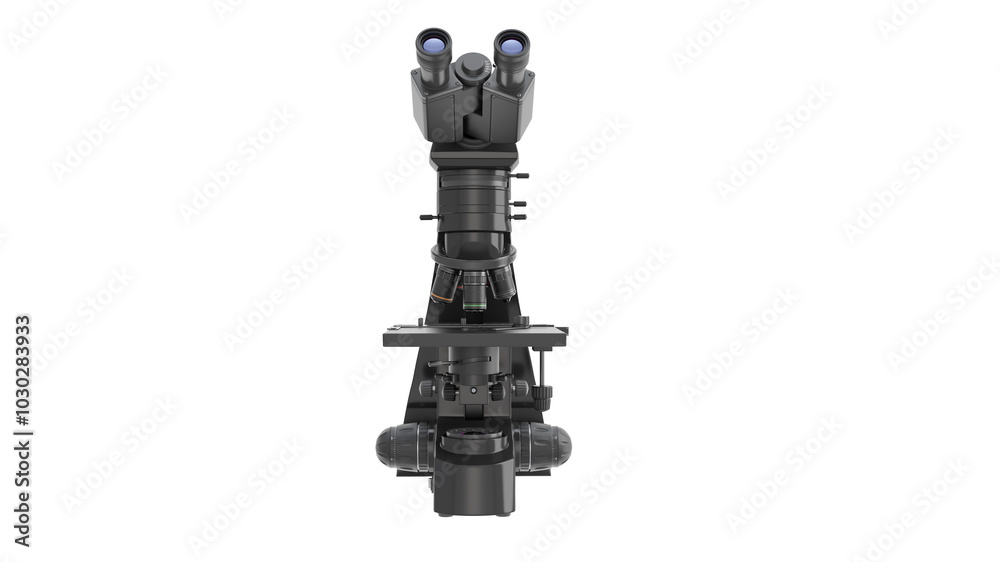 A detailed model of the microscope, made in elegant black on a white background. Front view. Isolated. 3d illustration A detailed model of the microscope, made in elegant black on a white background. Front view. Isolated. 3d illustration