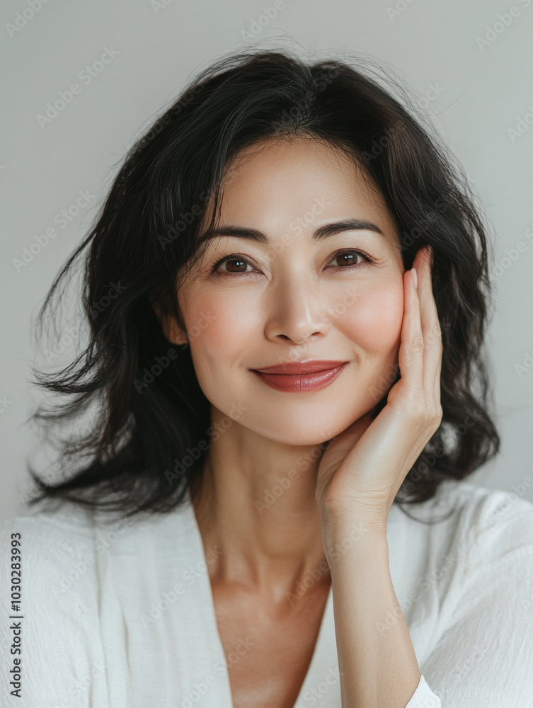 joyful 45 year old Asian woman model smiles while gently rubbing her face, radiating warmth and confidence. Her natural beauty shines through in this serene portrait joyful 45 year old Asian woman model smiles while gently rubbing her face, radiating warmth and confidence. Her natural beauty shines through in this serene portrait